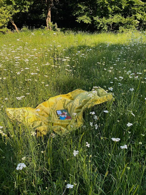 A Blanket with a Book on a Grass Field 