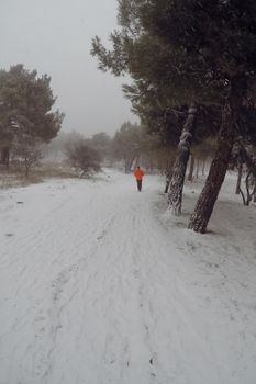 A lone figure in an orange jacket walks through a serene snow-covered forest path on a winter day.