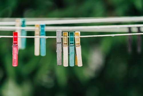 Close-up of Clothespins on a Clothesline 