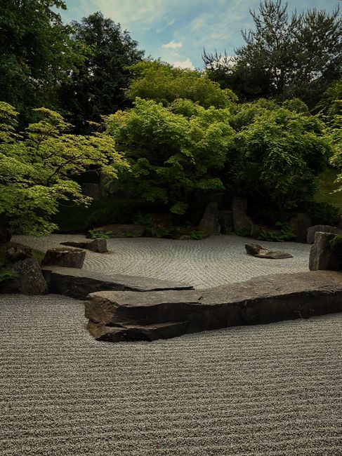 Tranquil Japanese Zen garden with rocks and lush greenery in a peaceful park setting.