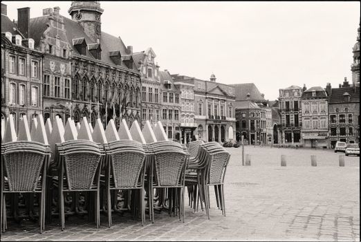 Black and White Picture of the Town Square in Mons, Belgium 