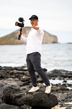 Man with camera equipment filming on a rocky shoreline with island in background.