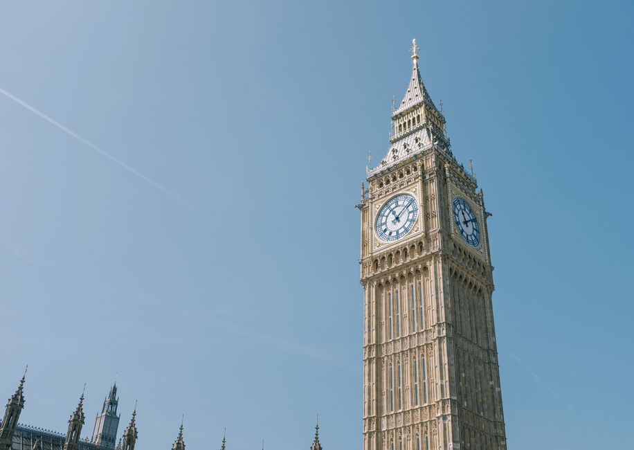 Stunning view of Big Ben clock tower, a historic landmark in London, under a clear blue sky.