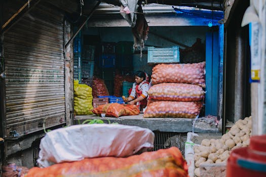 A woman in an Indian market stall sorting bags of potatoes and vegetables.