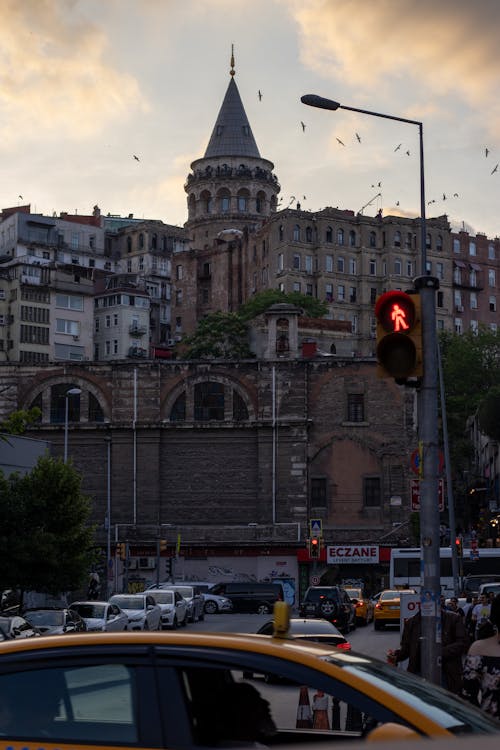 Galata Tower over Street in Istanbul, Turkey