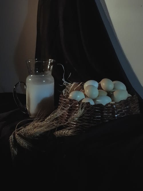 Eggs in Basket and Milk in Pitcher