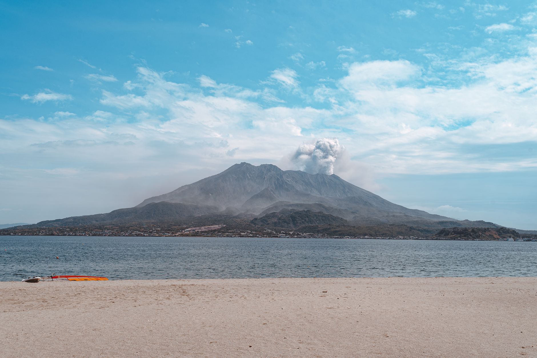 A stunning view of Aira Caldera and the surrounding beach on Kyushu Island, Japan.