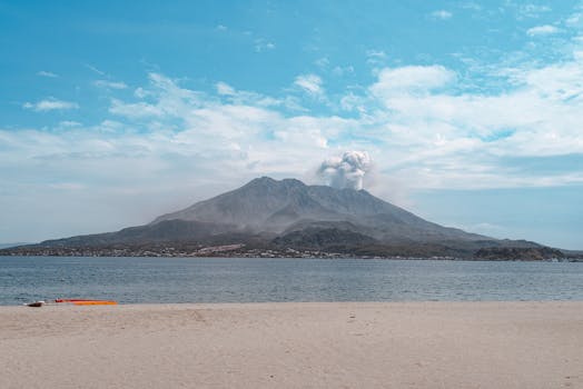 A stunning view of Aira Caldera and the surrounding beach on Kyushu Island, Japan.