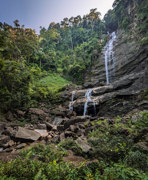 Scenic View of Cascading Waterfall and Rainforest 