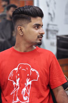 Portrait of a young man with short hair wearing a red T-shirt with an elephant design, gazing sideways indoors.
