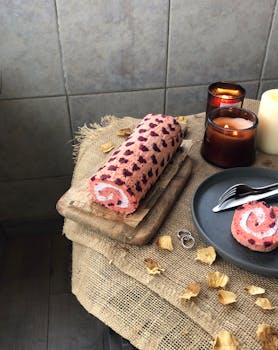 A rolled cake with heart patterns sits on a cutting board, surrounded by candles and a rustic setting.