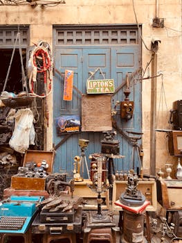 Explore a vintage market with retro industrial items and a charming old-world vibe.
