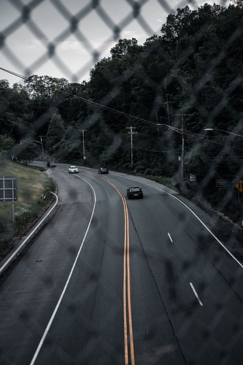Free View of a winding road through a mesh fence, lined by dense forest under daytime light. Stock Photo