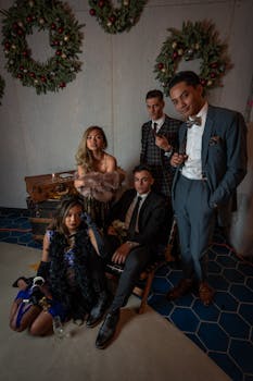 身着复古服装的年轻人在室内节日花环前时尚地摆姿势，体现了复古的庆祝氛围