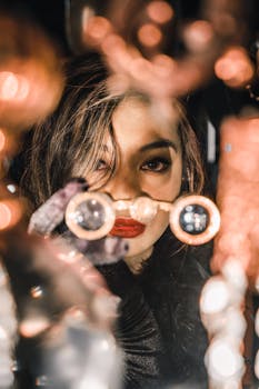 一位时髦的女人在迷人的低光环境中，戴着眼镜摆姿势，背景呈现散景效果