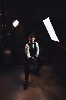 A stylish man in vintage attire posing in a dramatic studio photoshoot setting.
