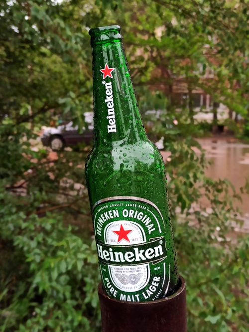 Free Close-up of a Heineken beer bottle with water droplets in a lush outdoor setting. Stock Photo