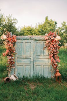 A rustic door decorated with flowers in a lush summer orchard, creating a charming countryside scene.