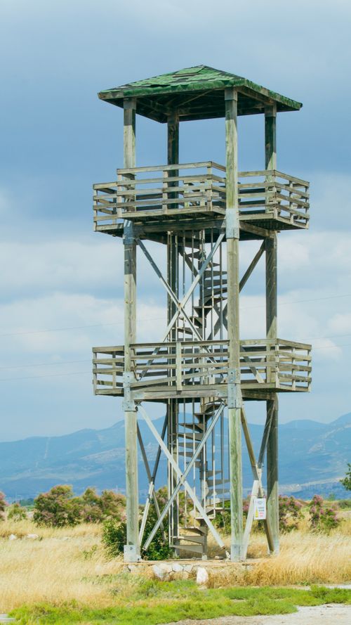 Free Tall wooden observation tower in a scenic grassy field under a bright sky. Stock Photo