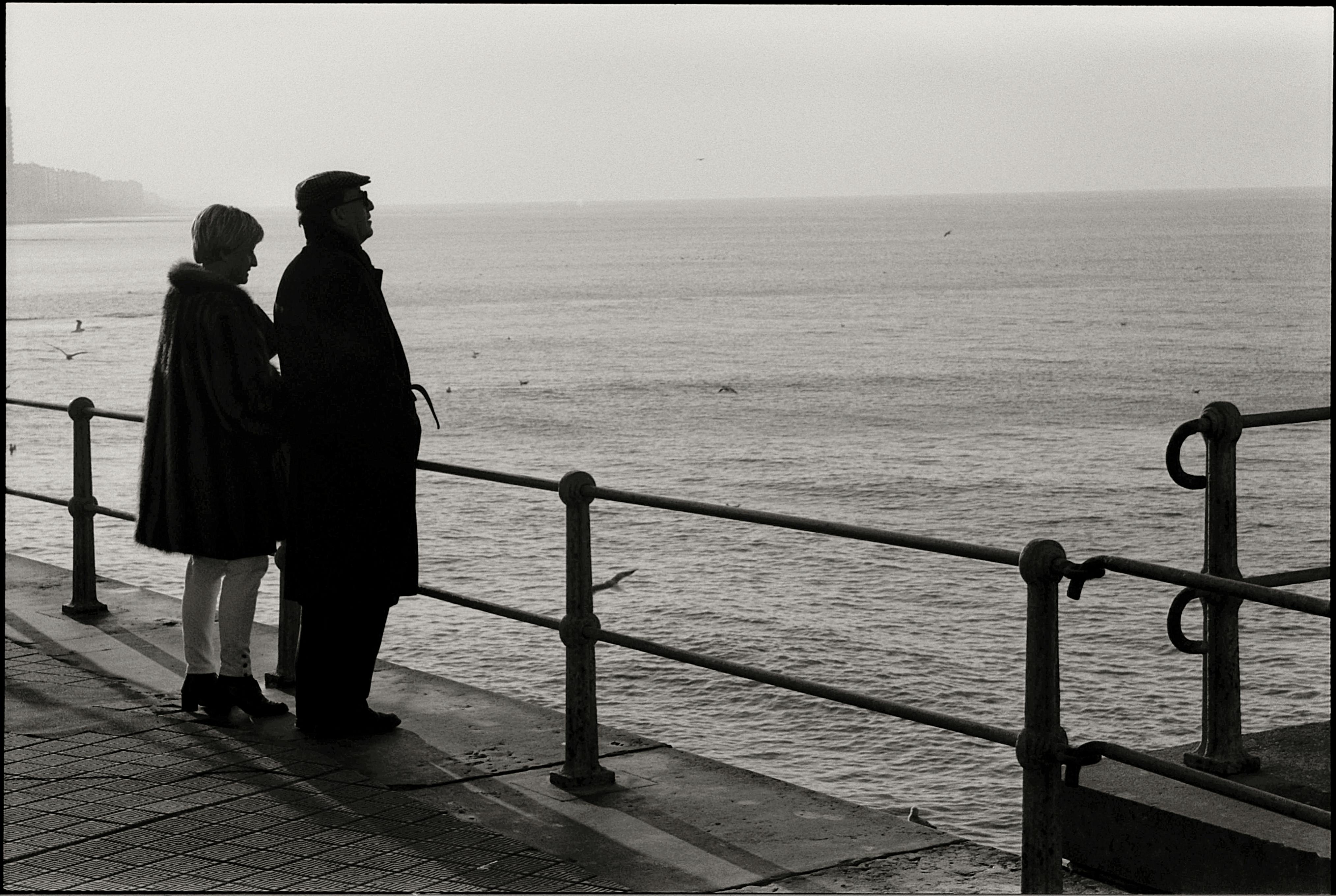 A couple stands by the ocean, enjoying the serene view from a pier.