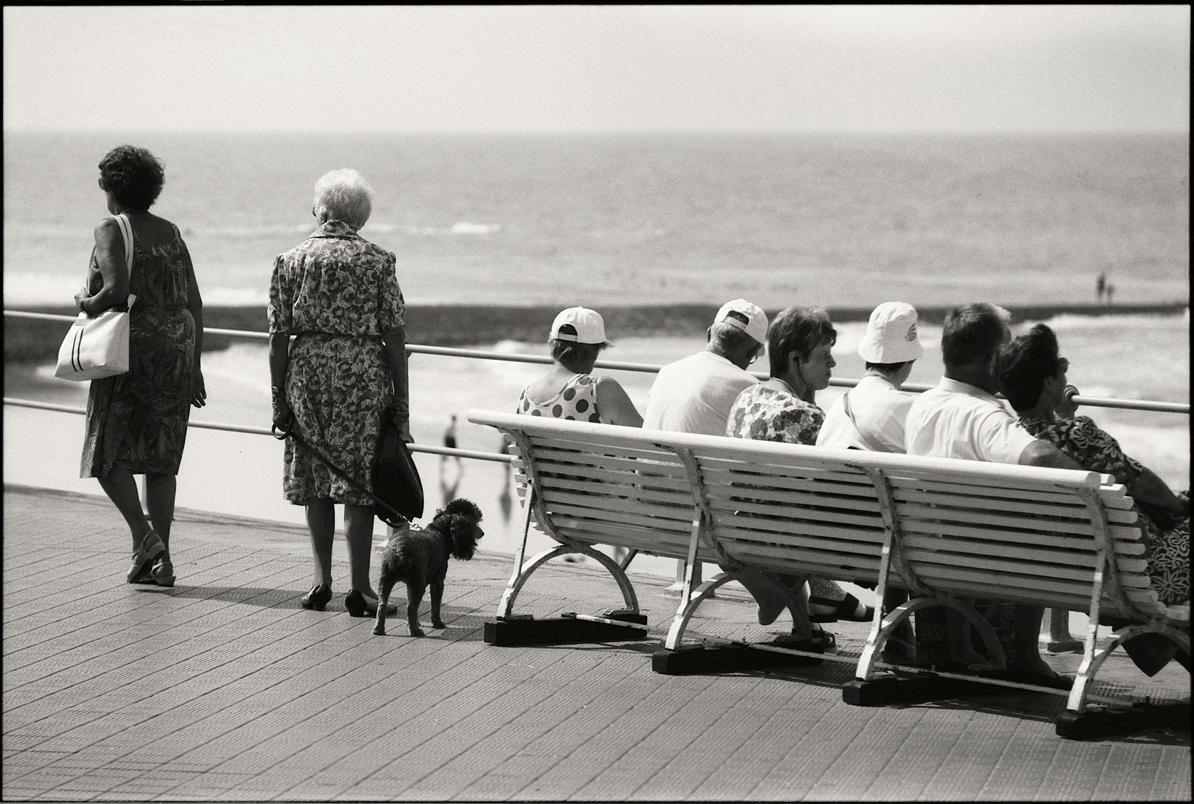 A serene black and white photo of people enjoying a summer day on a beach promenade.