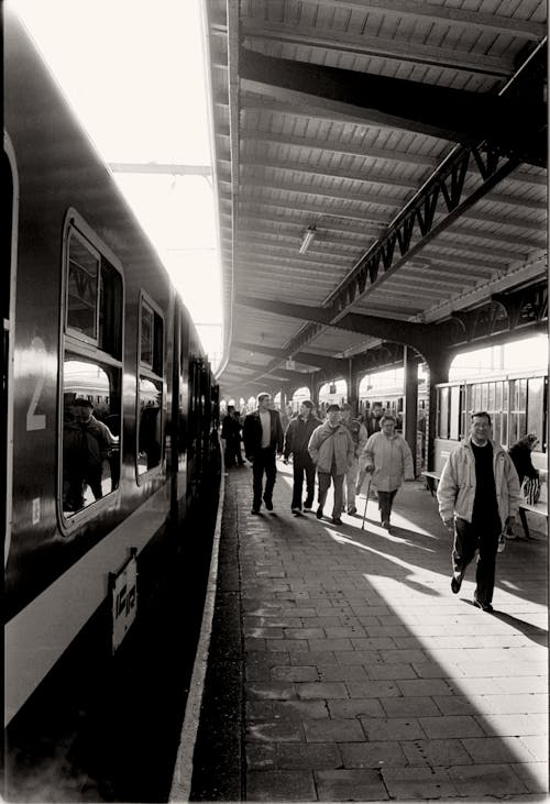 Black and White Picture of a Crowded Train Station Platform 