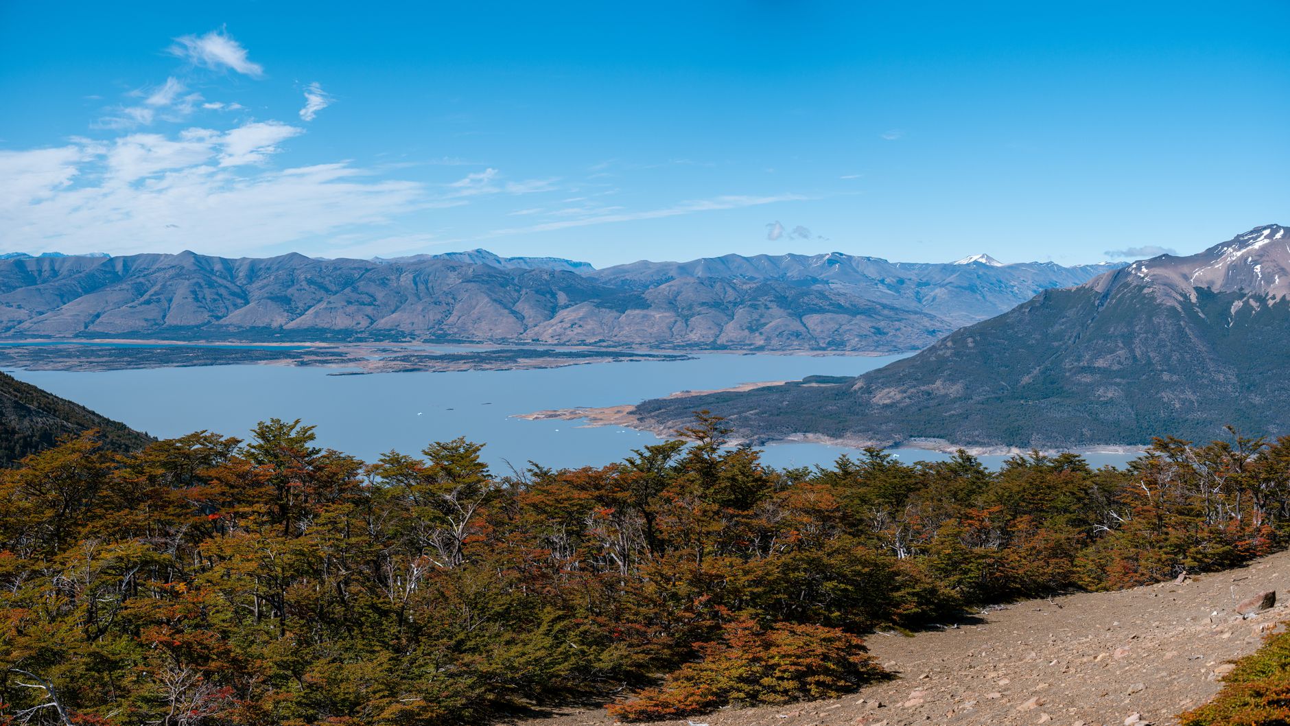 Scenic landscape of Lago Argentino and Andes mountains from El Calafate, Argentina.