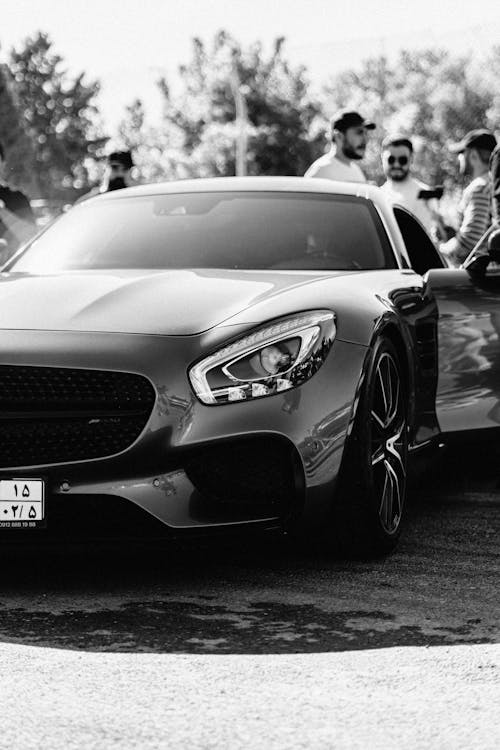 Black and White Picture of a Mercedes AMG GT