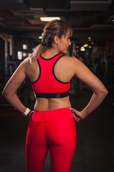 健身房里，一名穿着红色运动服的女子自信地站着