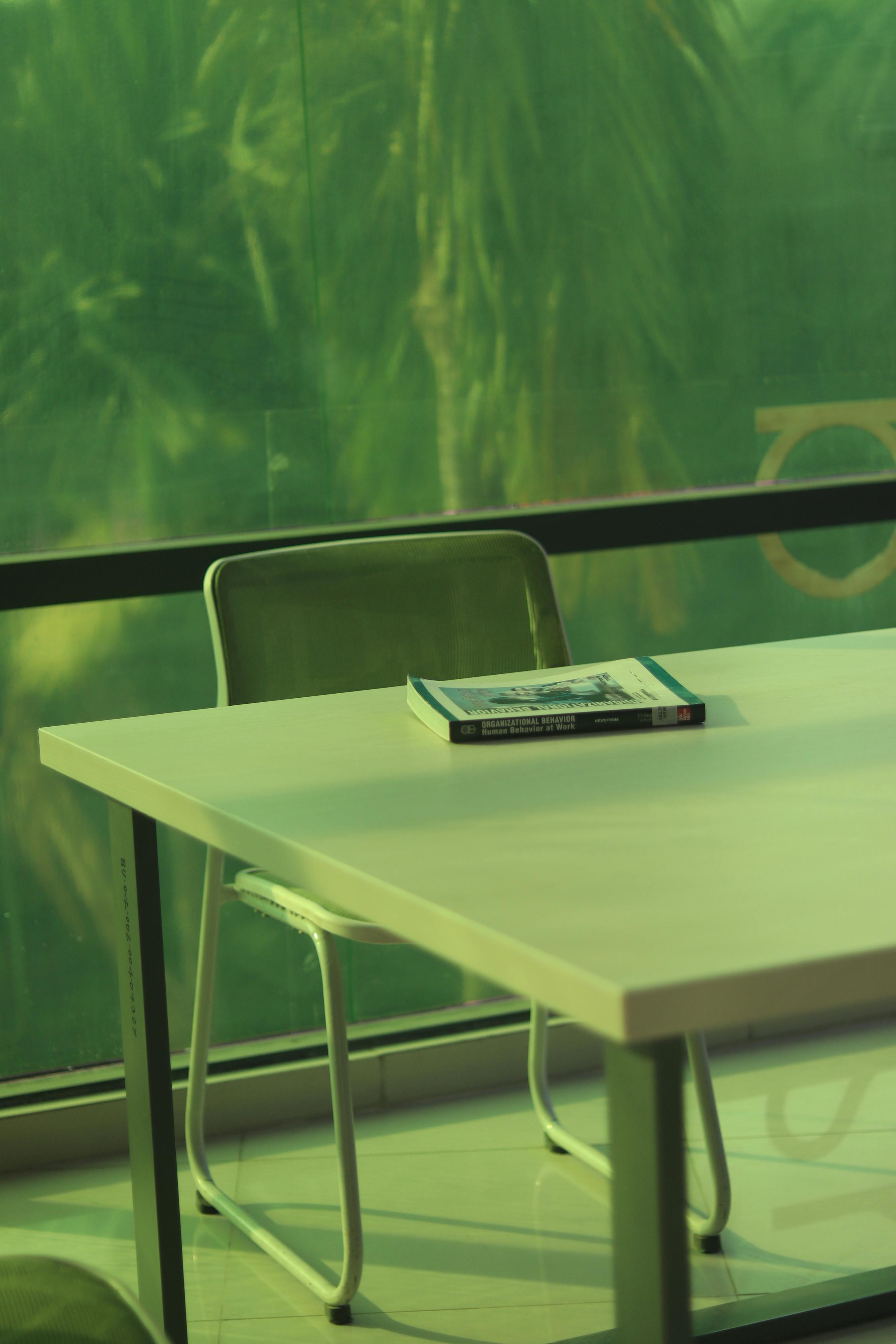 Green-tinted office setting featuring a table, chair, and a book by a window.