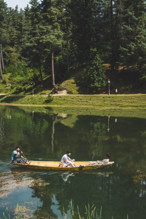 Free Three people enjoy a peaceful boat ride along a serene forest river, surrounded by tall trees. Stock Photo