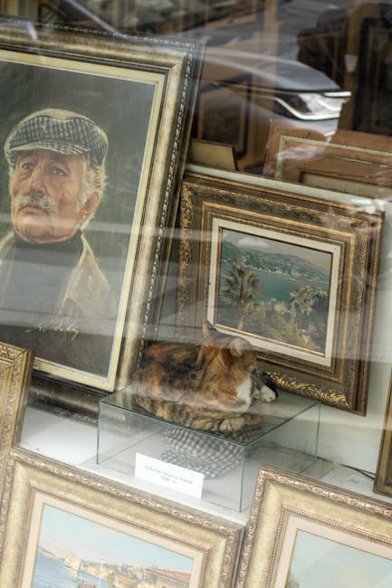 Charming display of antique frames and paintings with a sleeping cat in a shop window.