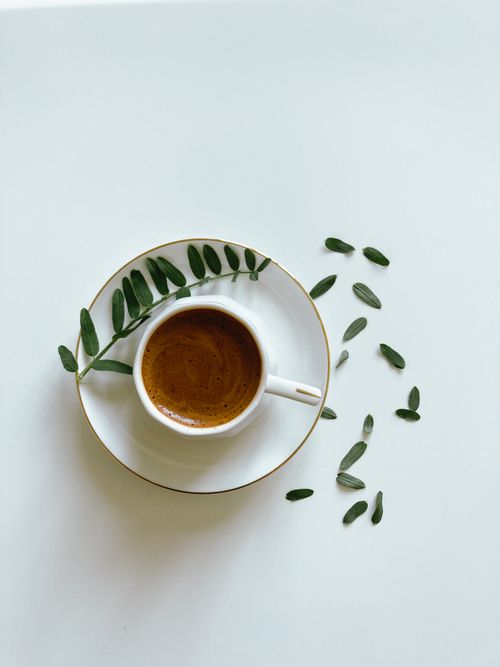 Free A top-view of an elegant espresso cup with leaves on a white background, perfect for minimalist culinary themes. Stock Photo