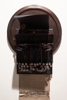 Top view of an antique typewriter with a vintage feel, featuring paper and mechanical keys.