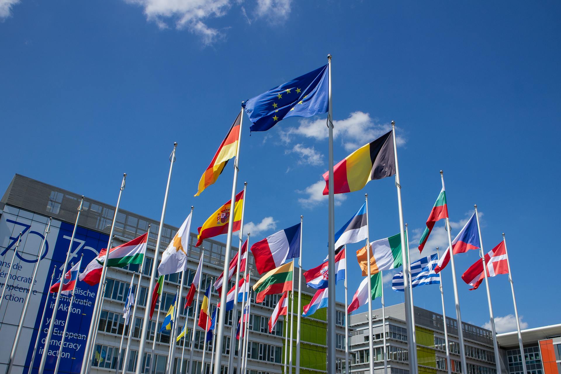 Low angle view of European Union flags on flagpoles against a blue sky, symbolizing unity.