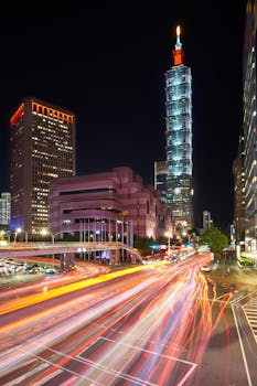 在热闹的台北探索，欣赏壮丽的台北101，以及夜色中充满活力的城市灯光步道