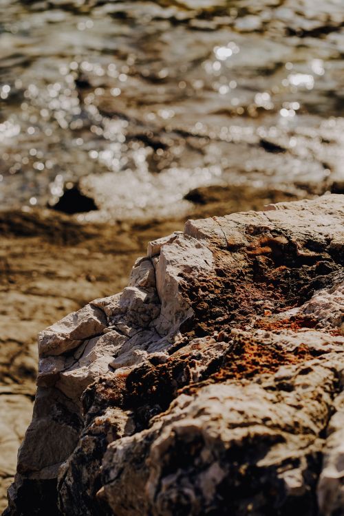 Free Close-up of a rocky coastline with shimmering sea water in the background. Stock Photo