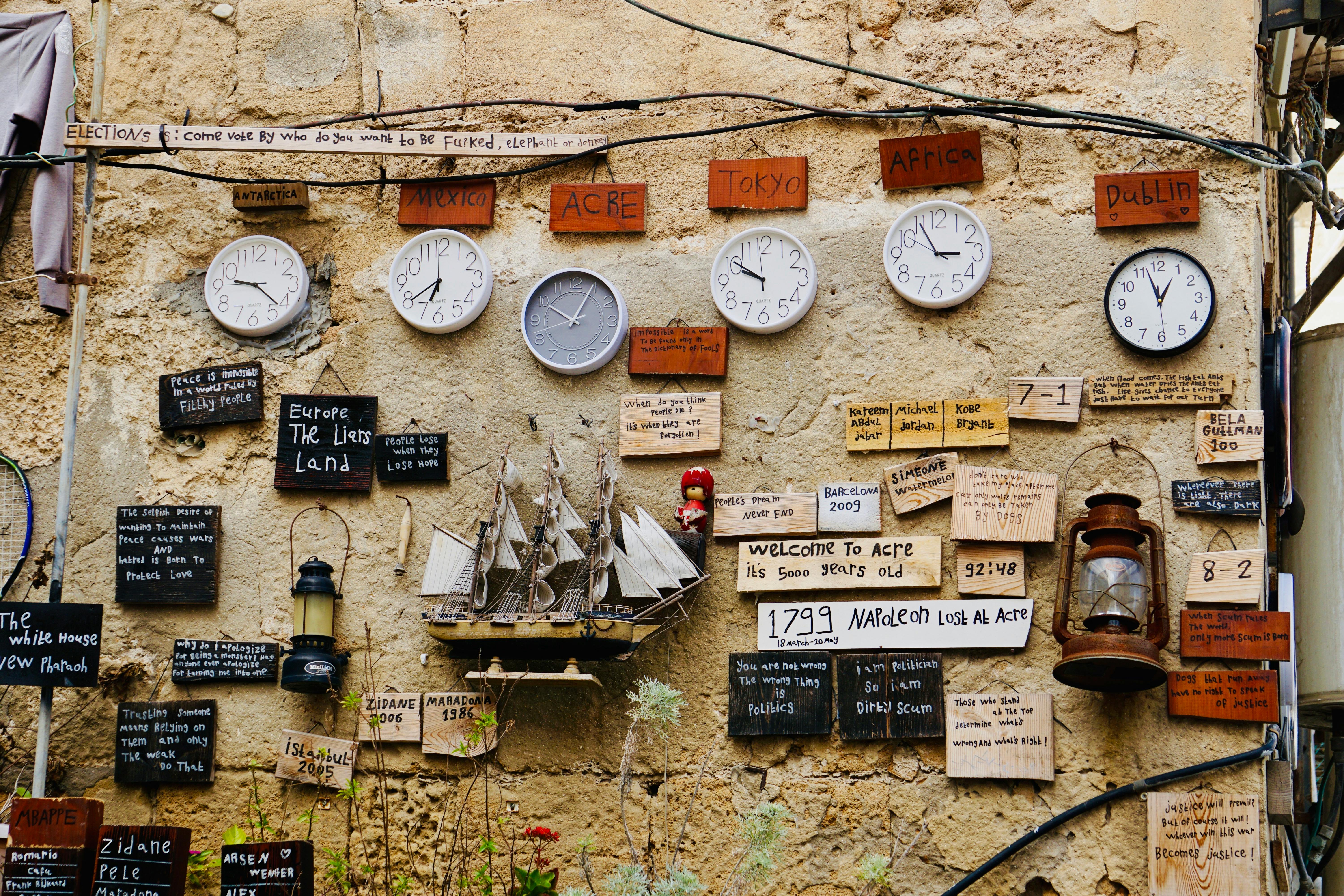 Clocks and Signs on Wall