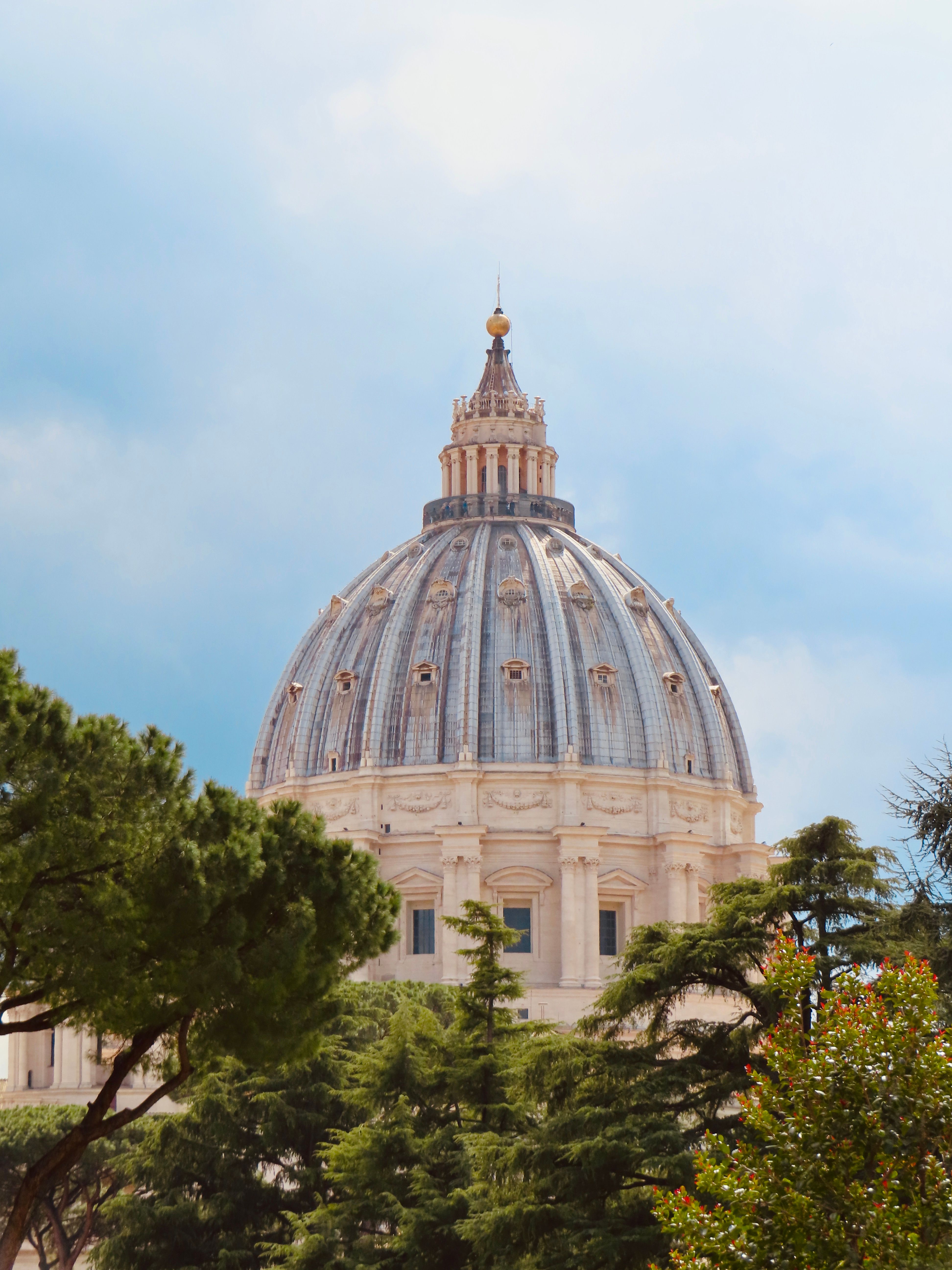 Majestic view of Saint Peter's Basilica dome in Vatican City surrounded by lush trees.