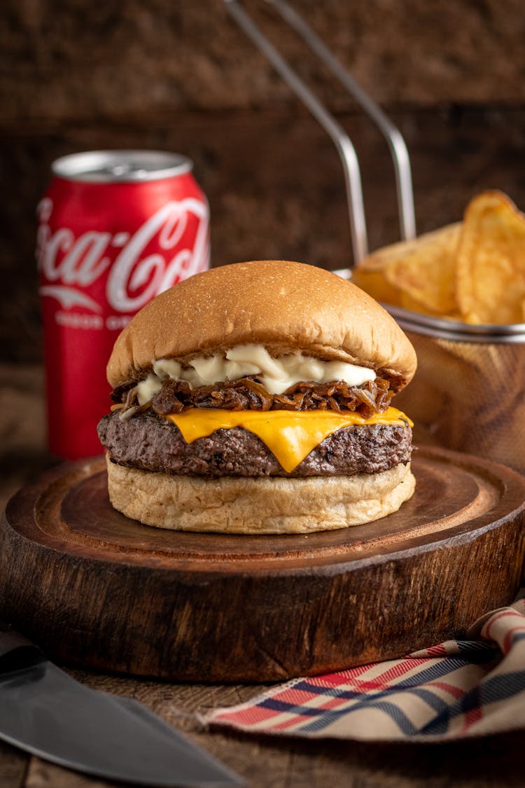 Cheeseburger On Wooden Thick Tray