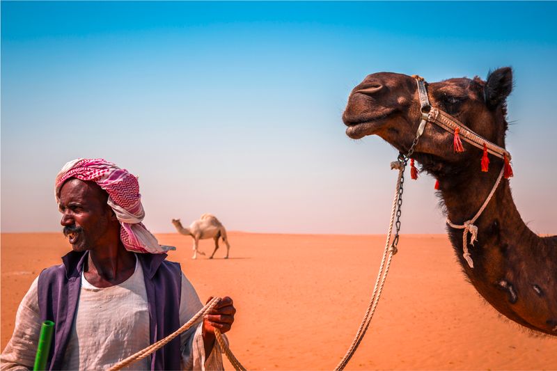 Nomad guide standing beside a camel in the Sahara desert, Morocco