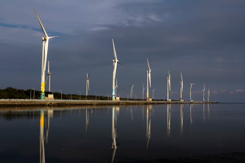 Wind Turbines on the Coast of a Sea 
