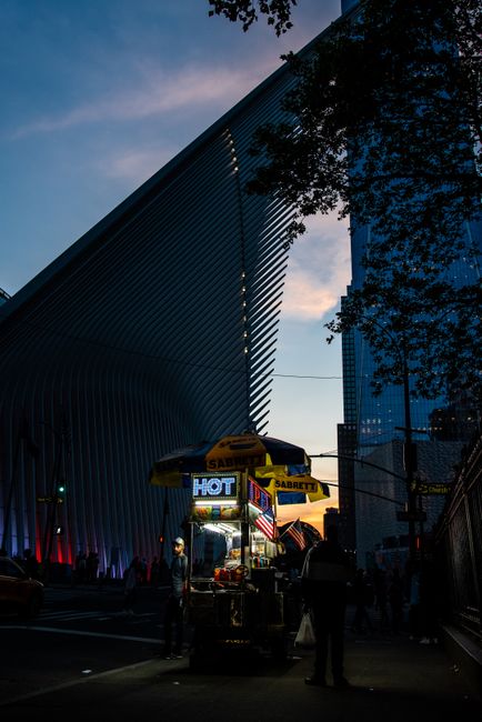 Evening street scene of a food cart near iconic architecture in New York City.