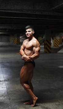 Bodybuilder striking a pose in a dimly lit parking garage.