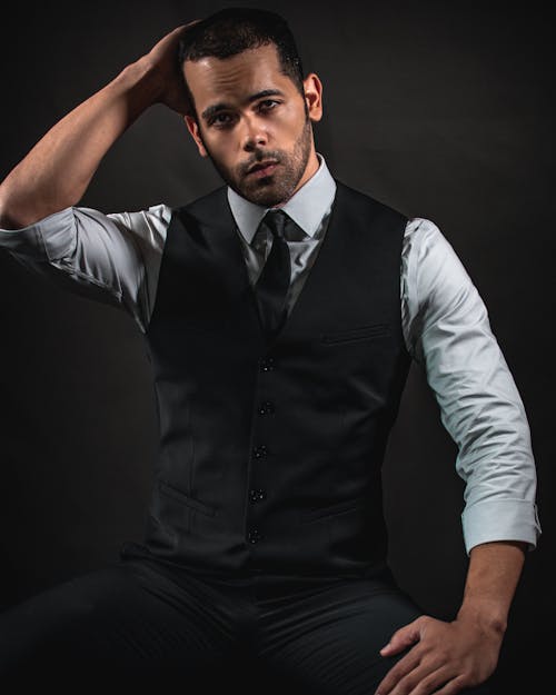 Model in Black Waistcoat and Gray Shirt