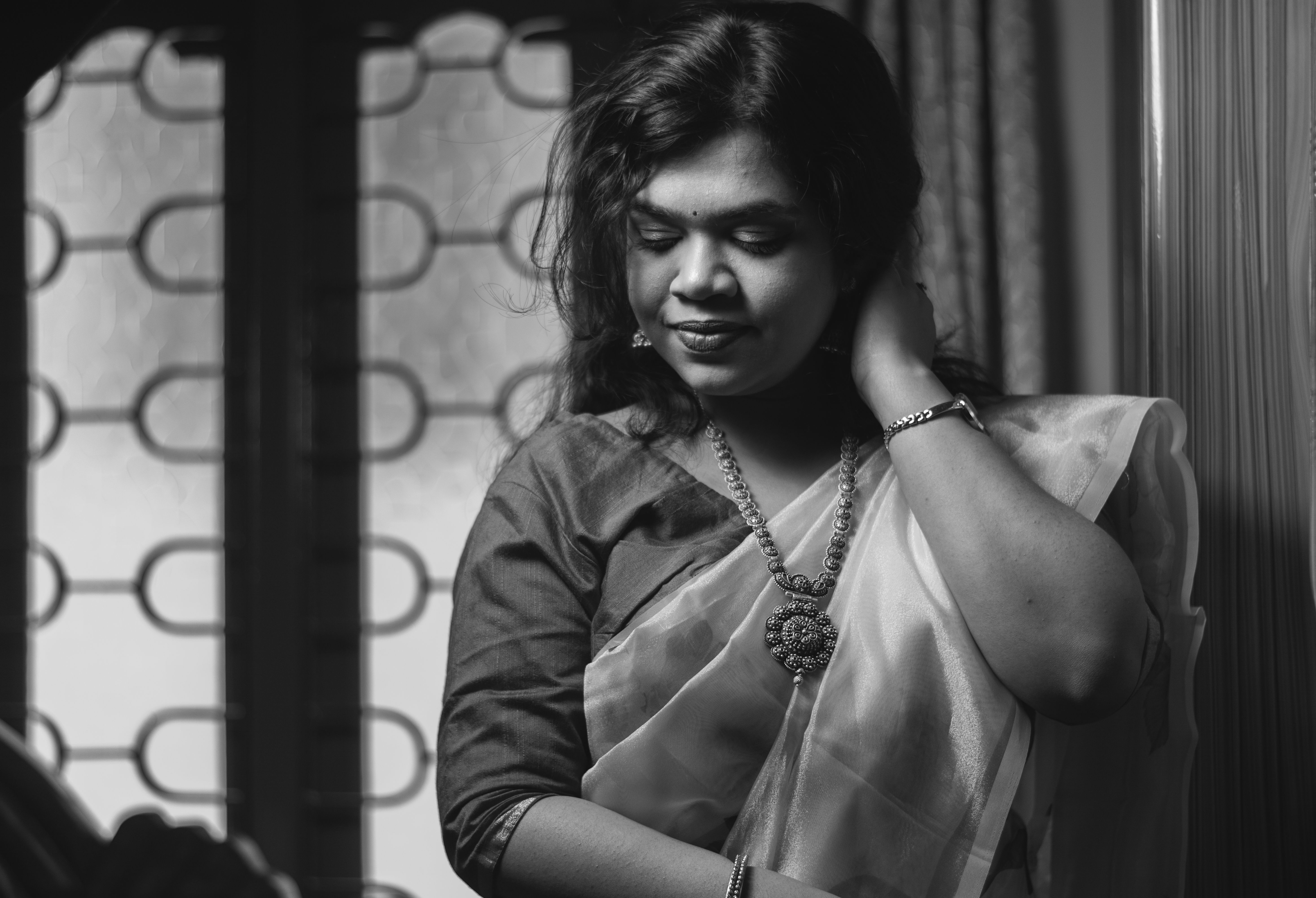Black and White Photo of a Young Indian Woman in Traditional Sari ...