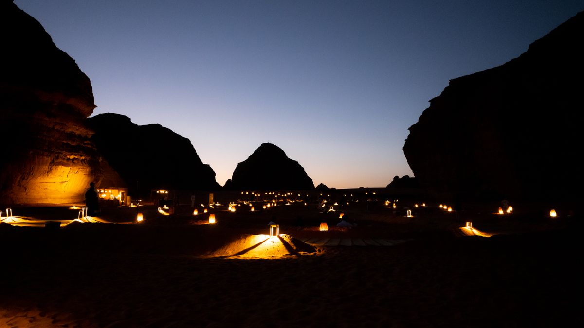 Sandstone desert landscape of AlUla in Saudi Arabia lit at dusk