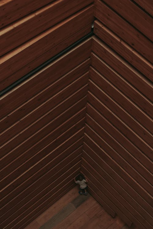 High Angle Shot a Person Standing in the Corner of a Room with Wooden Panels 
