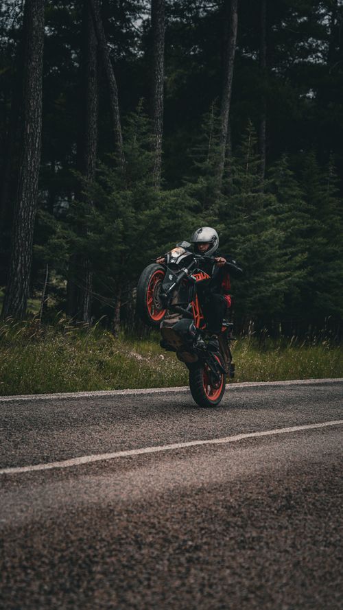 Free Dynamic shot of a motorcyclist doing a wheelie on a road through a forest area, showcasing skill and thrill. Stock Photo