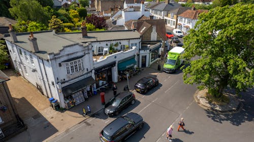 Birds Eye View of a City Street and Buildings 